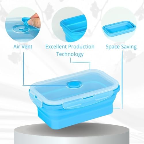 Plus 6PCS Foldable Silicone Food Storage Containers for Kitchen Storage for Leftovers Fruits and Meal Prep Dishwasher Safe Microwave Safe Ideal for Home and Travel (blue, square)