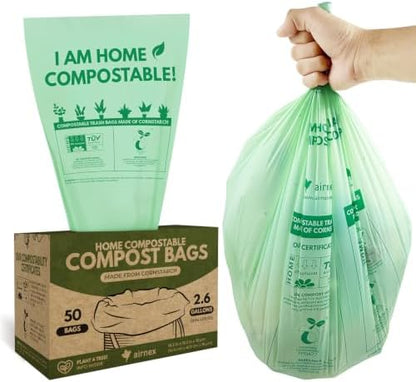 AIRNEX Small Compost Bags 2.6 Gal - 50 Compostable Kitchen Trash Bags for Countertop Bin - Cornstarch Leakproof & Tear-Resistant - OK Compost Home & Seedling Certified 0.18 mm Kitchen Garbage Bags