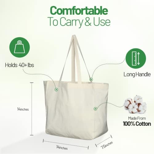 Greenmile 3 Pack Canvas Reusable Grocery Bags - Cotton Canvas Grocery Bag Cloth Shopping Tote With Long Handles Bulk - Heavy Duty Grocery Tote Bag - Large, Foldable and Lightweight - Capacity 40 lbs