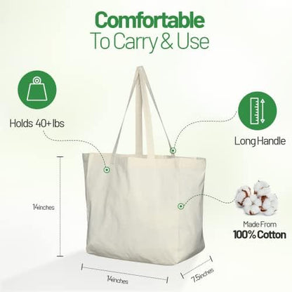 Greenmile 3 Pack Canvas Reusable Grocery Bags - Cotton Canvas Grocery Bag Cloth Shopping Tote With Long Handles Bulk - Heavy Duty Grocery Tote Bag - Large, Foldable and Lightweight - Capacity 40 lbs