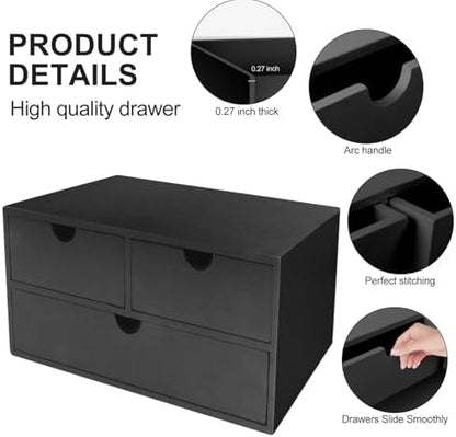 Charmewooden Bamboo Desk Organizer with 3 Drawers, Countertop Organizer with Drawers Makeup Storage Drawer 3 Drawer Tabletop Storage Organization Box Home Office Workspace（Black）