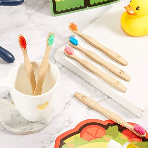 Boao 16 Pcs Kids Bamboo Toothbrush Soft Bristle Natural Toothbrush Wooden for Kids with Colorful Bristles and Ergonomic Animal Designs Handles