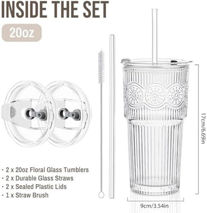 SoulTimes 20oz Ribbed & Floral Glass Tumbler with Lid and Straw – Iced Coffee Glasses Cups for Smoothie, Matcha, Juice, Water etc. Leakproof and Reusable Glassware Drinking for Travel To Go [2Pcs]