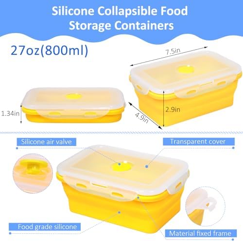 5 Pack Collapsible Silicone Food Storage Containers with Leak-Resistant Lids, 27oz Bento Lunch Boxes, for Kitchen, Office, Camping, Travel, BPA Free