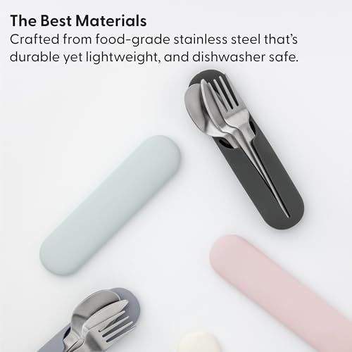 W&P Porter Stainless Steel Utensils with Silicone Carrying Case | Cream | Spoon, Fork & Knife for Meals on the Go | Portable and Compact Set