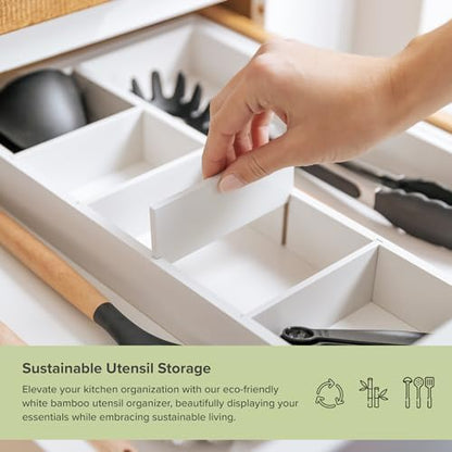 KitchenEdge Utensil & Junk Drawer Organizer, 16-28 in, White Bamboo