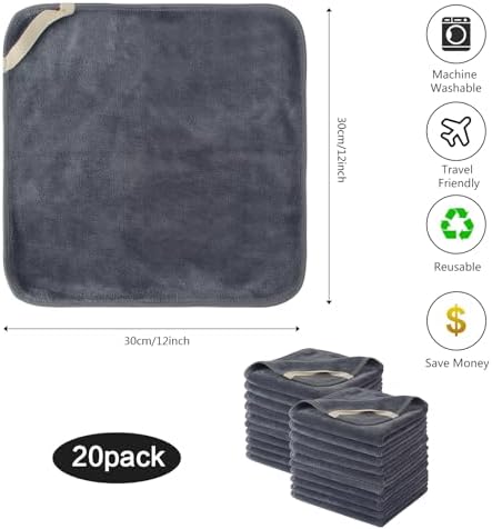 Microfiber Facial Cloths Fast Drying Washcloth 12inch x 12inch Grey 20 pack