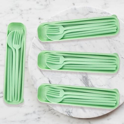 4 Sets Reusable Utensils Set with Case,Camping Cutlery Set Travel Silverware Set with Case Lunch Utensils Set for Work,Utensil Sets for Lunch Picnic Daily Use Outdoor (Lightgreen)