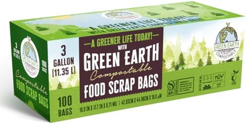 Green Earth Compostable Small Kitchen Food Scrap Trash Bags, Extra Thick 0.71 Mil, Compost Bin Compatible, 3 Gallon, 11.35 Liter, 100-Count, ASTM D6400, BPI (US) & OK Compost Home (EU) Certified