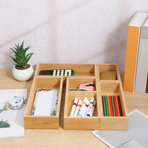 5-Piece Bamboo Drawer Organizer Storage Boxes Kitchen Multi-purpose Storage Dividers Drawer Organizer Set for Office Vanity Closet & Bathroom Kitchen Office Jewelry Cosmetics