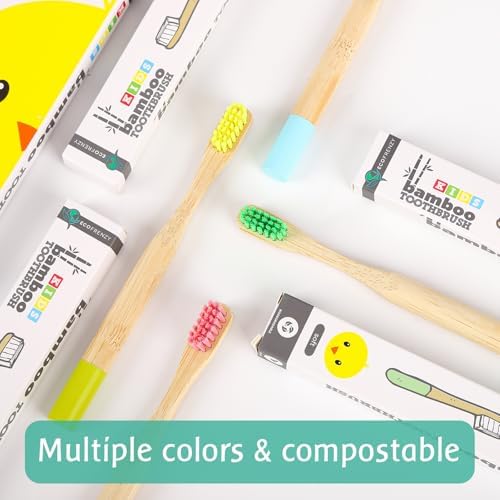 Kids Bamboo Toothbrush - Child Size Soft BPA Free Color Safe Bristles (4 Pack)