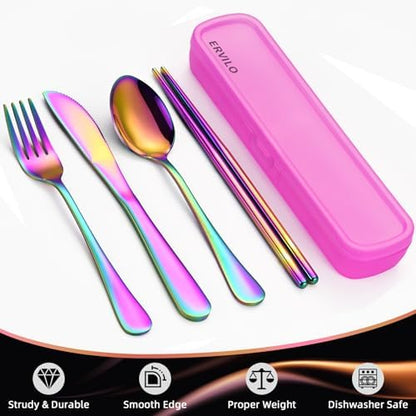 Travel Utensils with Case, Stainless Steel Portable Cutlery Set, Lunch Box Silverware for Work Camping Picnic, Reinforced Case with Snap-Lock Closure, Include Fork Spoon Knife Chopsticks, Rainbow