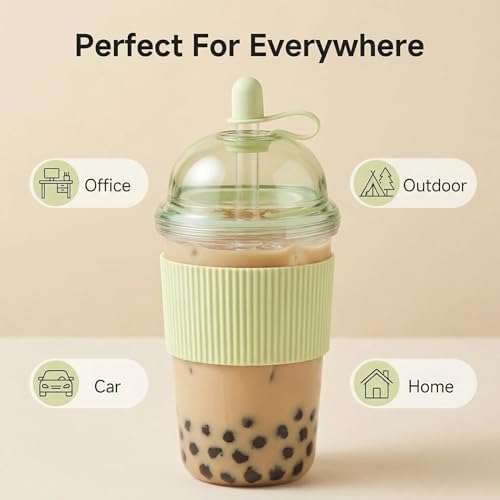 Reusable Iced Coffee Cups with Lids and Straws 17oz, Boba Cup with Straw, Tumbler with Silicone Sleeve for Cold Drinks, Iced Coffee, Bubble Tea ，White