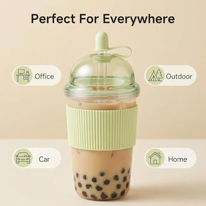Reusable Iced Coffee Cups with Lids and Straws 17oz, Boba Cup with Straw, Tumbler with Silicone Sleeve for Cold Drinks, Iced Coffee, Bubble Tea ，White