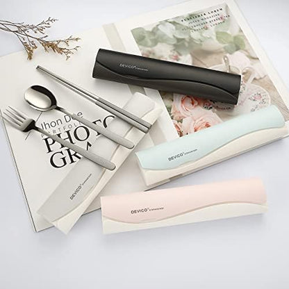 DEVICO Travel Utensils with Case, 4 Piece Portable Silverware Set for Work