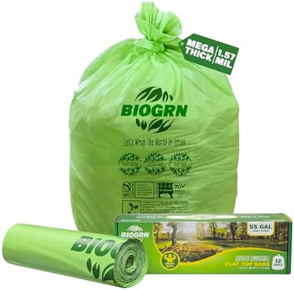 50-55 Gallon Compostable Trash Bags, 12 Count, 1.57 Mil Heavy Duty Flat Top Large Trash Bags for Lawn, Leaf, Yard Waste & Outdoor Garden Cleanup, ASTM D6400 BPI & OK Compost HOME Certified