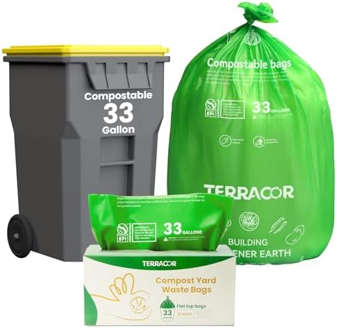 30-33 Gallon Compostable Trash Bags Liners Flat-Top, Heavy Duty Extra Thick 1.28 Mil, 124.92 Liter, 30 Bags, Lawn, Yard, and Restaurant Use, ASTM D6400, US BPI Certified