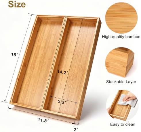 Bamboo Drawer Organizer Set of 2 for Kitchen Drawers, Large Stackable Drawer Organizer for Silverware, Utensils, Cutlery, Flatware, Junk Drawer, Dresser, Bathroom, 15" x 6" x 2"