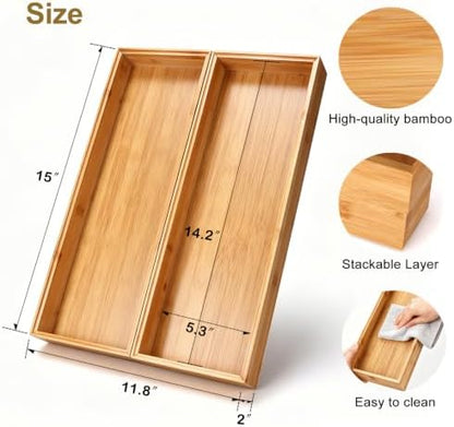 Bamboo Drawer Organizer Set of 2 for Kitchen Drawers, Large Stackable Drawer Organizer for Silverware, Utensils, Cutlery, Flatware, Junk Drawer, Dresser, Bathroom, 15" x 6" x 2"