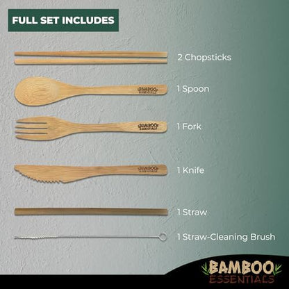 Travel Utensils with Case Set Fork, Knife, Spoon, Chopsticks, Straw, Straw-cleaning brush, Travel Pouch and Carabiner, Excellent For Everyday Use! ((1Set) Midnight Black)