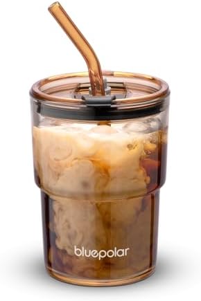 BLUEPOLAR 13oz/400ml Glass Water Tumbler with Straw and Lid Sealed Carry On Thick Wall Iced Coffee Cup Glass Cup for Water, Iced Tea Fruit Juice Etc (Amber)