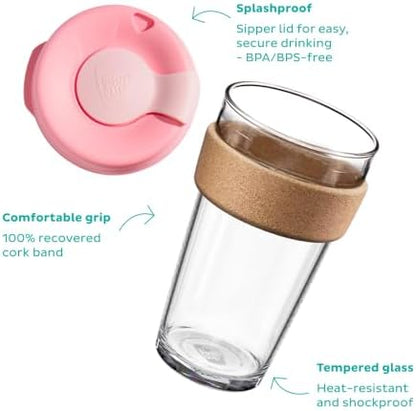 KeepCup Brew Cork, Reusable Glass Tumbler with Natural Cork, Grande Coffee Cup 16oz / 454ml - Black