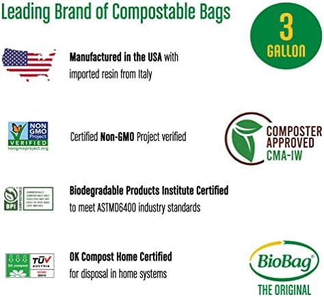 3 Gallon Compostable Food Scrap Bags by BioBag, 100 Count, BPI Certified, Meets ASTM D6400 Standards, Made in USA, Kitchen Trash Bin Liners