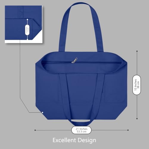 TOPDesign 6-Pack Canvas Tote Bags with an External Pocket, Reusable Grocery Shopping Bags, Top Zipper Closure, Daily Essentials (Blue)