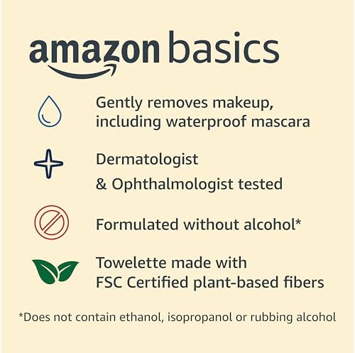 Amazon Basics Makeup Remover Wipes, Gentle Cleansing, Dermatologist Tested, Original, Plant Based, Alcohol-Free, Removes Waterproof Mascara, pH Balanced, 25 Count, 6-Pack