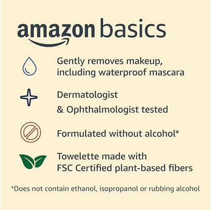 Amazon Basics Makeup Remover Wipes, Formulated without Fragrance and Alcohol-Free, Gentle Cleansing, Removes Waterproof Mascara, Dermatologist Tested, 25 Count, Pack of 2