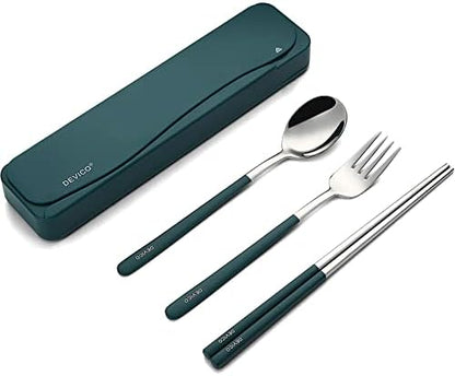 DEVICO Travel Utensils with Case, 4Pcs Portable Silverware Set for Work, 18/8 Stainless Steel Reusable Cutlery, Korean Spoon and Chopsticks Fork for Camping, School, Lunch Box Accessories (Dark Green)