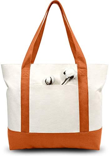 TOPDesign 1-Pack Canvas Tote Bag with an External Pocket, Reusable Grocery Shopping Bag, Top Zipper Closure, Daily Essentials (Orange/Natural)