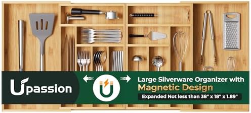 Large Silverware Organizer, 13 Slots Magnetic Connected Expandable Bamboo Utensil Drawer Organizer From 21 to 37.4 Inches, Adjustable Flatware and Cutlery Holder, Utensil Tray for Kitchen Natural
