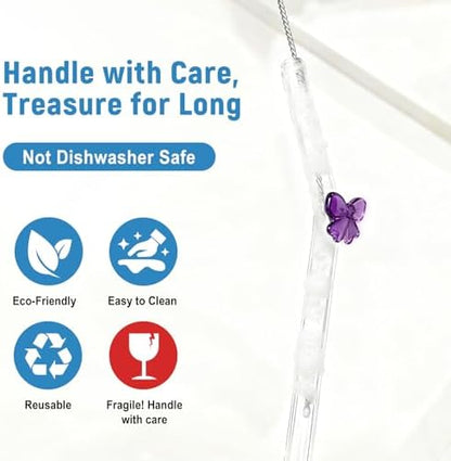 Cute Glass Straws with Purple Bow Charms, 8-Pack 9-Inch Bent for Tumblers