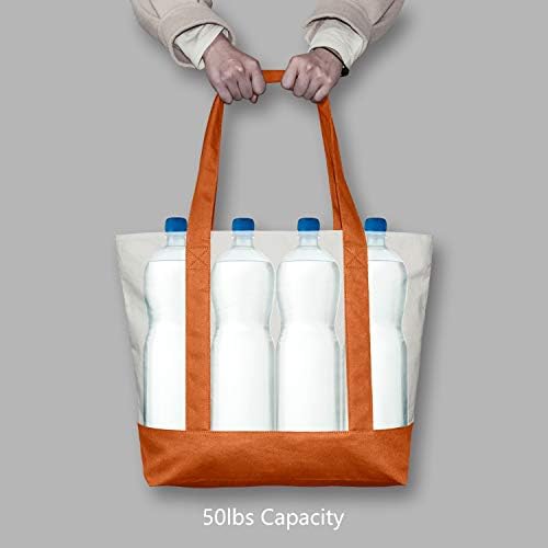 TOPDesign 6-Pack Canvas Tote Bags with an External Pocket, Reusable Grocery Shopping Bags, Top Zipper Closure, Daily Essentials (Orange/Natural)