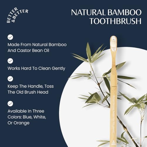 Better & Better Natural Bamboo Toothbrush | Soft Bristles | 100% Plant-Based | Reusable Handle and Replaceable Brush Head | Eco-Friendly, Zero Plastic | Adult Size, Blue