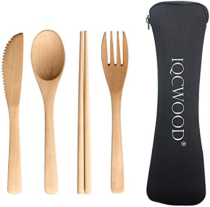IQCWOOD Wooden Cutlery Set, 4 PCS Spoon Chopsticks Fork Knife for Eating