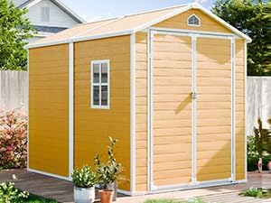 8x6 FT Resin Storage Shed, Waterproof Outdoor Shed w/Floor Included, 2 Windows, Double Lockable Doors & Vents,Outside Plastic Tool Sheds for Garden, Lawn, Backyard, Wood-Grain Brown