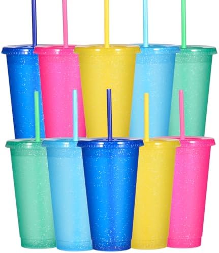 Suertestarry Tumbler with Straw and Lid,Water Bottle Iced Coffee Travel Mug Cup,Reusable Plastic Cups,Perfect for Parties,Birthdays,24oz-10 Pack (Sparkling, 10 pack)