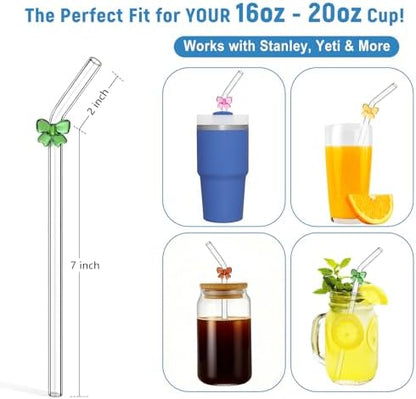 Cute Glass Straws with Bow Charms, 8-Pack 9-Inch Bent for 16-20 oz Tumblers