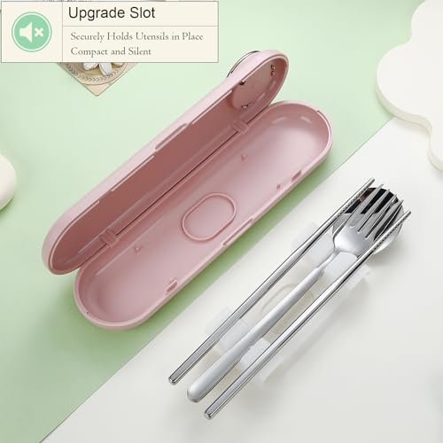 DEVICO Travel Utensils with Case Cute, Reusable Silverware for Lunch, 4Pcs Portable Cutlery Set, 18/8 Stainless Steel Fork Spoon Chopsticks in Cartoon Case, Dishwasher Safe (Pink)
