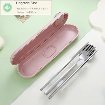DEVICO Travel Utensils with Case Cute, Reusable Silverware for Lunch, 4Pcs Portable Cutlery Set, 18/8 Stainless Steel Fork Spoon Chopsticks in Cartoon Case, Dishwasher Safe (Pink)