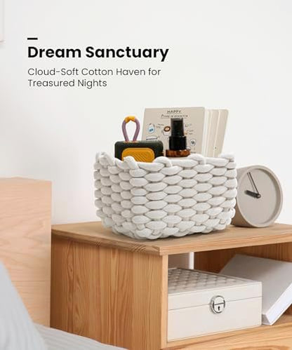 Small Cotton Rope Basket 2 Pack, White Shelf Storage Bins for Desk Vanity
