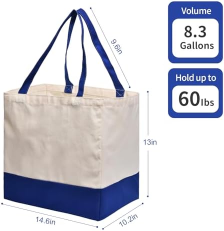 Canvas Reusable Grocery Bags Heavy Duty, 8.3 gal Foldable Large Tote Bag with Handles, Holds 60 lbs Canvas Shopping Bags, 1 Pack