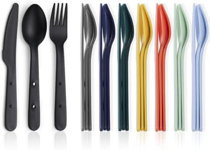 Kyraton Travel Utensils Set for 8, Reusable Plastic Spoons Forks Knives Snapped Together for Portable & Space-Saving Design Cutlery Silverware for Travel, Picnic, Camping, Work, Lunch Boxes