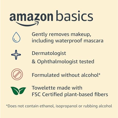 Amazon Basics Makeup Remover Wipes, Gentle Facial Cleansing, Dermatologist Tested, Original, Plant-Based, Alcohol-Free, Removes Waterproof Mascara, 25 Count, 1-Pack