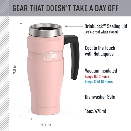 THERMOS Stainless King Travel Mug with Handle, 16oz, Matte Pink