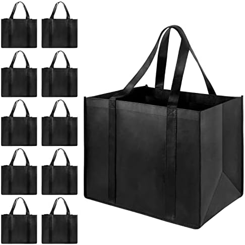 LadyRosian 10 Pack Heavy Duty Kitchen Reusable Grocery Bags, Durable XL Shopping Tote with Handle Can Hold 45+lbs, Stands Upright, Foldable & Washable (Black)