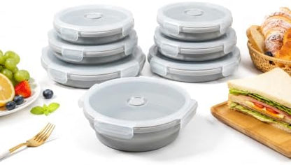 Plus 6PCS Foldable Silicone Food Storage Containers for Kitchen Storage for Leftovers Fruits and Meal Prep Dishwasher Safe Microwave Safe Ideal for Home and Travel (grey, round)
