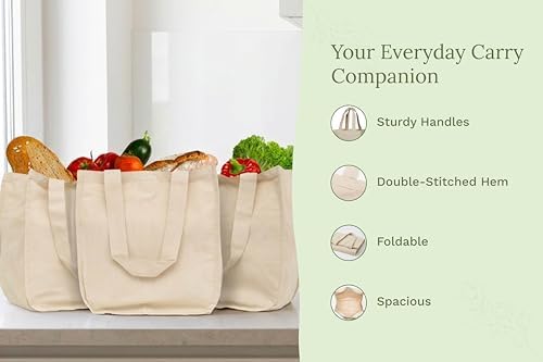 Best Canvas Grocery Shopping Bags - Cloth Grocery Tote Bags - Reusable Cotton Grocery Tote Bags with Bottle Sleeves